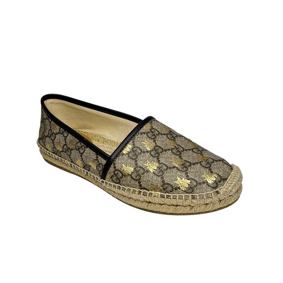 Gucci Pilar Espadrille Flats EU 38.5 US 8.5 GG Supreme Bee Logo Beige Slip Ons